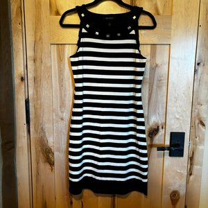 White House Black Market Sleeveless Black White Striped Shift Dress Caged Neck S